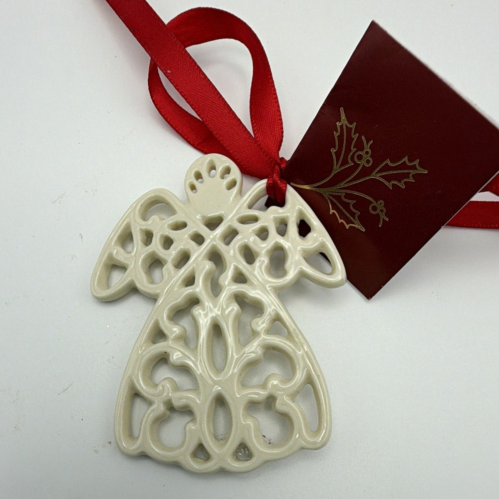 Lenox Porcelain Ivory Angel Hanging Christmas Ornament Gift Tag w/ Red Ribbon